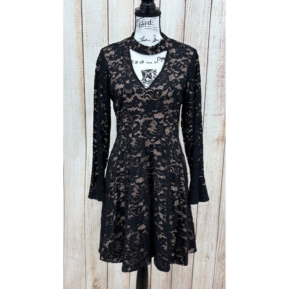 Ivanka Trump Black Lace Fit & Flare Dress Size 10 Long Bell Sleeve Choker Neck